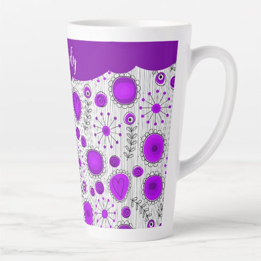 Tasse Latte Coeurs blancs violet blanc Whimsical fleurs nom fl (Droite)