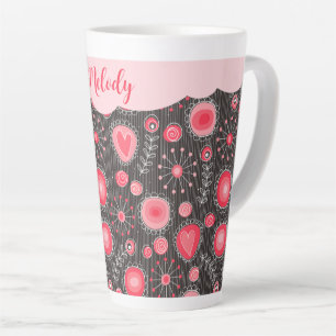 Tasse Latte Coeurs gris-blanc et fleurs nom floral