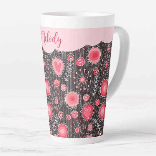 Tasse Latte Coeurs gris-blanc et fleurs nom floral (Angle droit)
