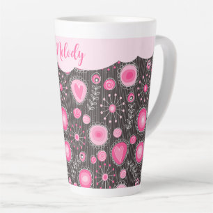Tasse Latte Coeurs gris rose blanc et nom fleuri