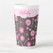 Tasse Latte Coeurs gris rose blanc et nom fleuri (Devant)