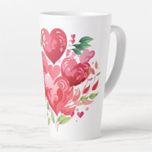 Tasse Latte Cœurs roses et feuilles vertes aquarelle romantiqu