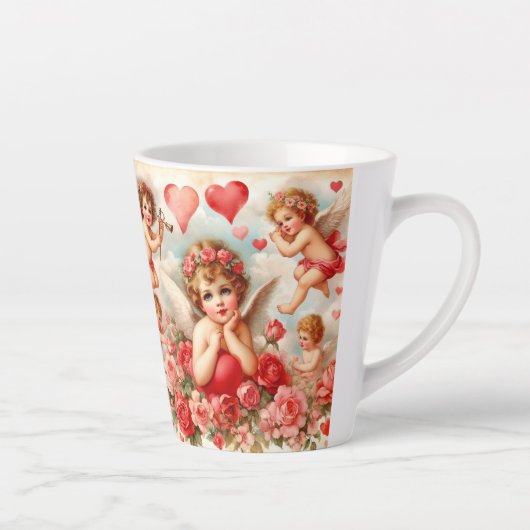 Tasse Latte Cœurs Roses Roses Anges Amour (Droite)