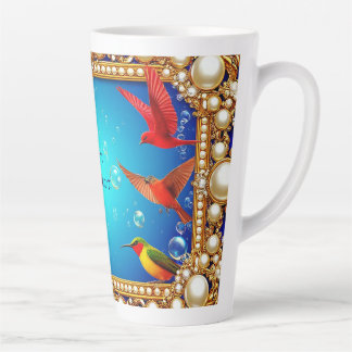 Tasse Latte Colibris vibrants dans un cadre orné de perles