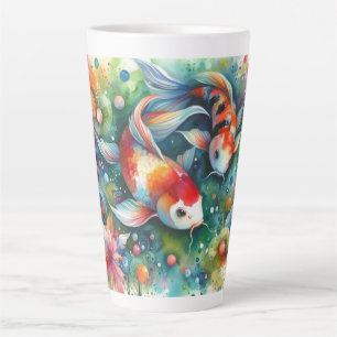 Tasse Latte Coloré Koi Poisson Whimsical Aquarelle Orange Turq