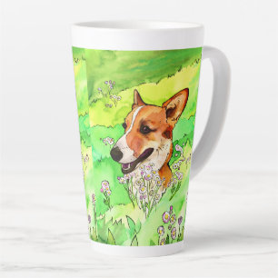 Tasse Latte Corgi Adorable Dans Une Aquarelle Fleur