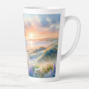 Tasse Latte Coucher de soleil sur une chaumière côtière en aqu