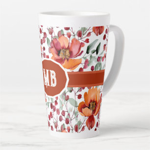 Tasse Latte Couleurs terreuses, fleurs d'automne Monogrammées