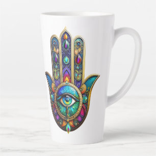 Tasse Latte Couleurs Vives Hamsa Turquoise Jaune Troisième Œil