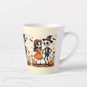 Tasse Latte Couple de squelette d'Halloween mignon en orange