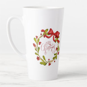 Tasse Latte Couronne de gui à l'aquarelle avec noeud
