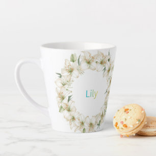 Tasse Latte Couronne de lys à l'aquarelle Nom floral Cadeau po