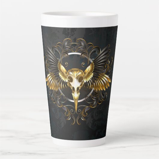 Tasse Latte Crâne d'oiseaux dorés sur arrière - plan noir (Devant)