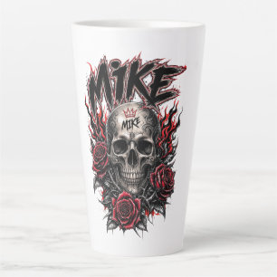 Tasse Latte Crâne gothique de Mike avec des roses rouges et de