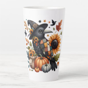 Tasse Latte Crow Whimsical avec Citrouilles et tournesols