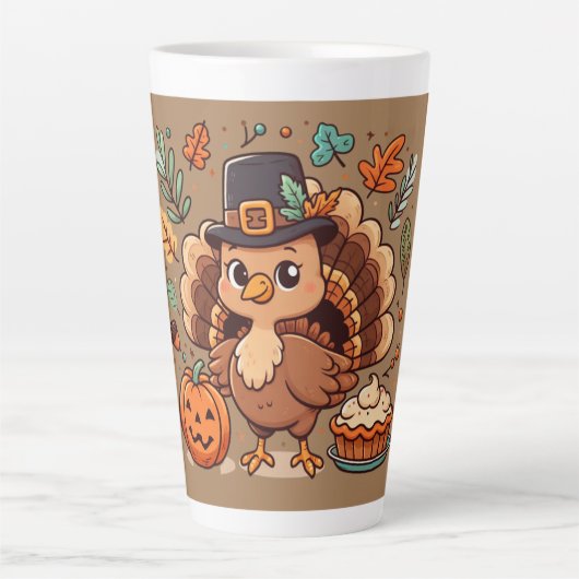 Tasse Latte Cute caricature Thanksgiving dinde et citrouille (Devant)