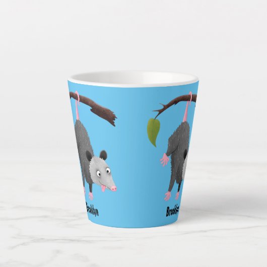Tasse Latte Cute funny opossum hanging from branch cartoon (Devant)