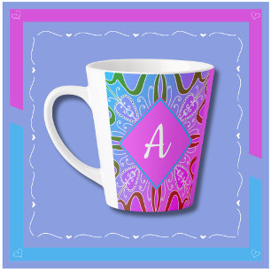 Tasse Latte Cute Girly Whimsical Folk Art rose violet bleu
