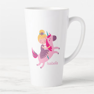 Tasse Latte Cute Yellow Haired Girl équitation sur une licorne