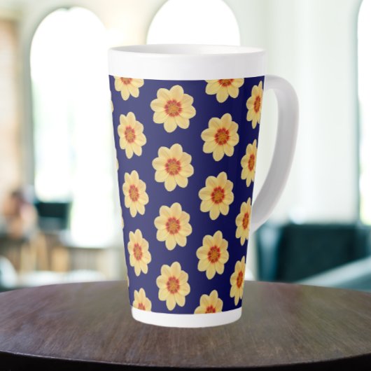 Tasse Latte Dahlia jaune motif floral sur bleu