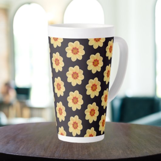 Tasse Latte Dahlia jaune motif floral sur noir