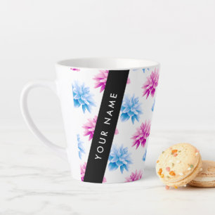 Tasse Latte Dahlia rose et bleu, motif floral, votre nom