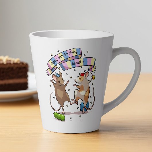 Tasse Latte Dancing Mice Nom et âge Bonne fête d'anniversaire