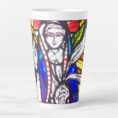 Tasse Latte Design en verre tendu avec la figure religieuse. (Devant)