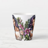 Tasse Latte Design Floral Jolie Dame Avec Café (Devant)