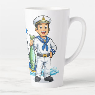 Tasse Latte Dessin animé Marin avec yacht et poisson Art nauti