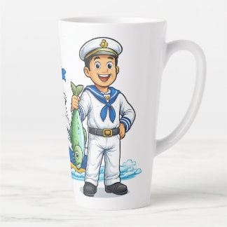 Tasse Latte Dessin animé Marin avec yacht et poisson Art nauti