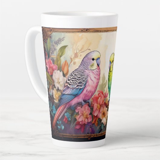 Tasse Latte Deux perroquets et fleurs (Angle gauche)