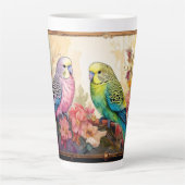 Tasse Latte Deux perroquets et fleurs (Devant)