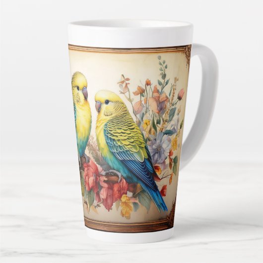 Tasse Latte Deux perroquets et fleurs (Angle droit)