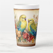 Tasse Latte Deux perroquets et fleurs (Devant)