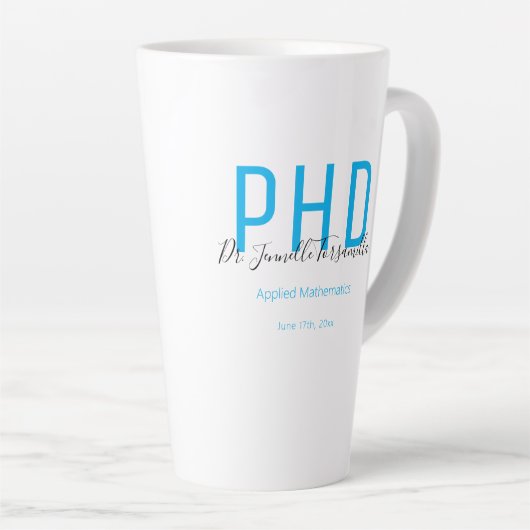 Tasse Latte Diplômé Keepsaké bleu Noir Nom Diplôme PhD (Angle droit)