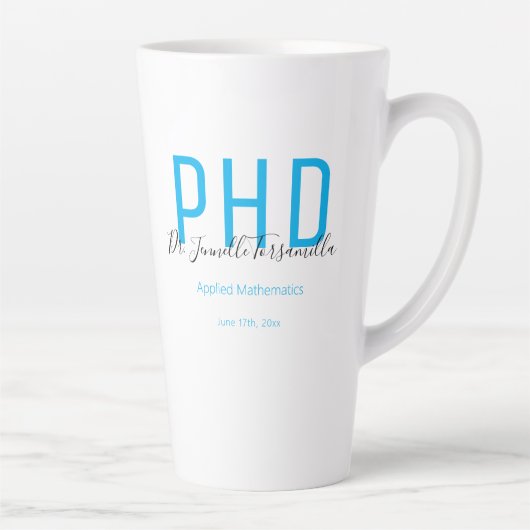 Tasse Latte Diplômé Keepsaké bleu Noir Nom Diplôme PhD (Droite)