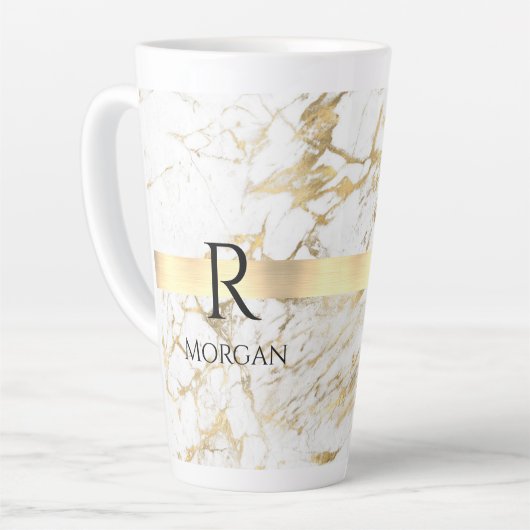 Tasse Latte do-it-yourself Monogramme Texte noir, Marbre blanc (Angle gauche)