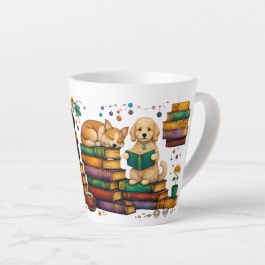 Tasse Latte Dogs Reading Books Cozy Library Scene (Angle droit)