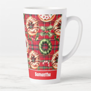 Tasse Latte Donuts de Noël Rouge Rétro Rouge Tartan Plaid
