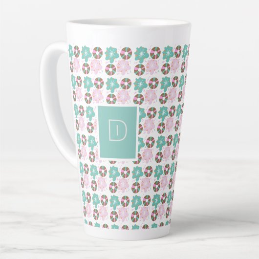 Tasse Latte Donuts glaçés de Noël gribouillis rose Initial (Angle gauche)