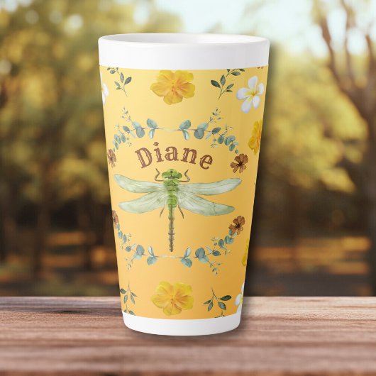 Tasse Latte Dragonfly en or, vert, Fleurs jaunes
