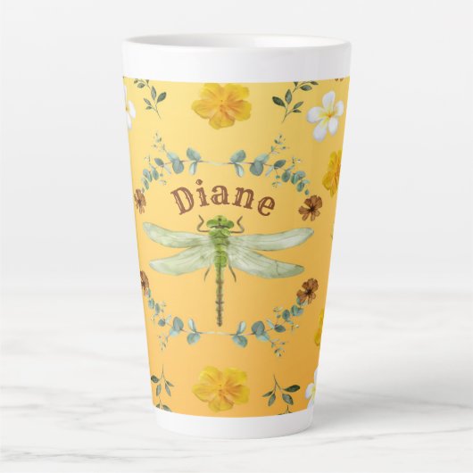 Tasse Latte Dragonfly en or, vert, Fleurs jaunes (Devant)