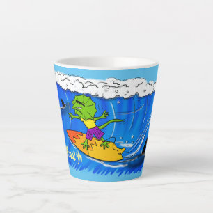 Tasse Latte Drôle caricature de surf de lézard au cou