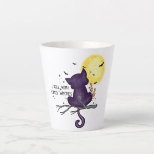Tasse Latte Drôle Halloween Chat noir et Lune magique
