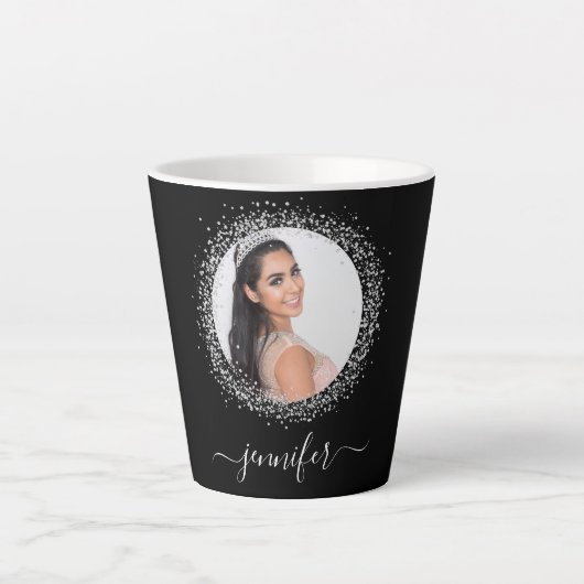 Tasse Latte Écriture de nom de parties scintillant en argent n (Devant)