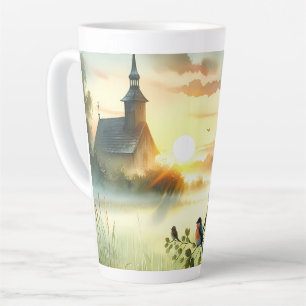 Tasse Latte Église au lever du soleil avec oiseaux dans un pré