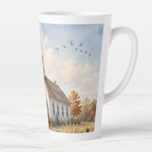 Tasse Latte Église de campagne automnale, paysage à l'aquarell