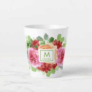 Tasse Latte Elégant aquarelle bouquet floral Monogramme