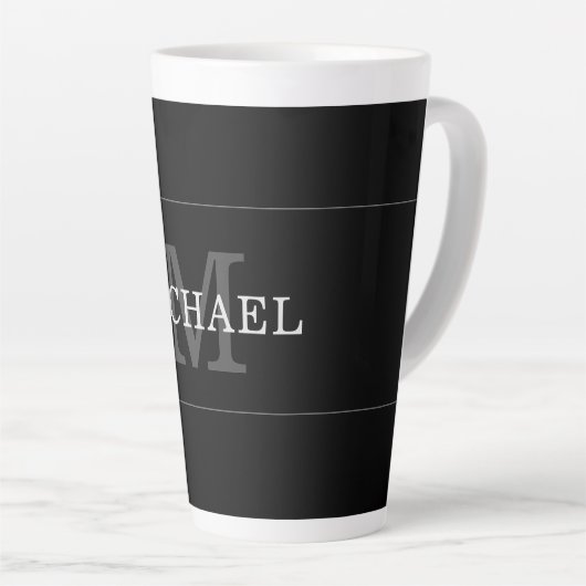Tasse Latte Elegant Black Silver Monogram Name Personalized (Angle droit)